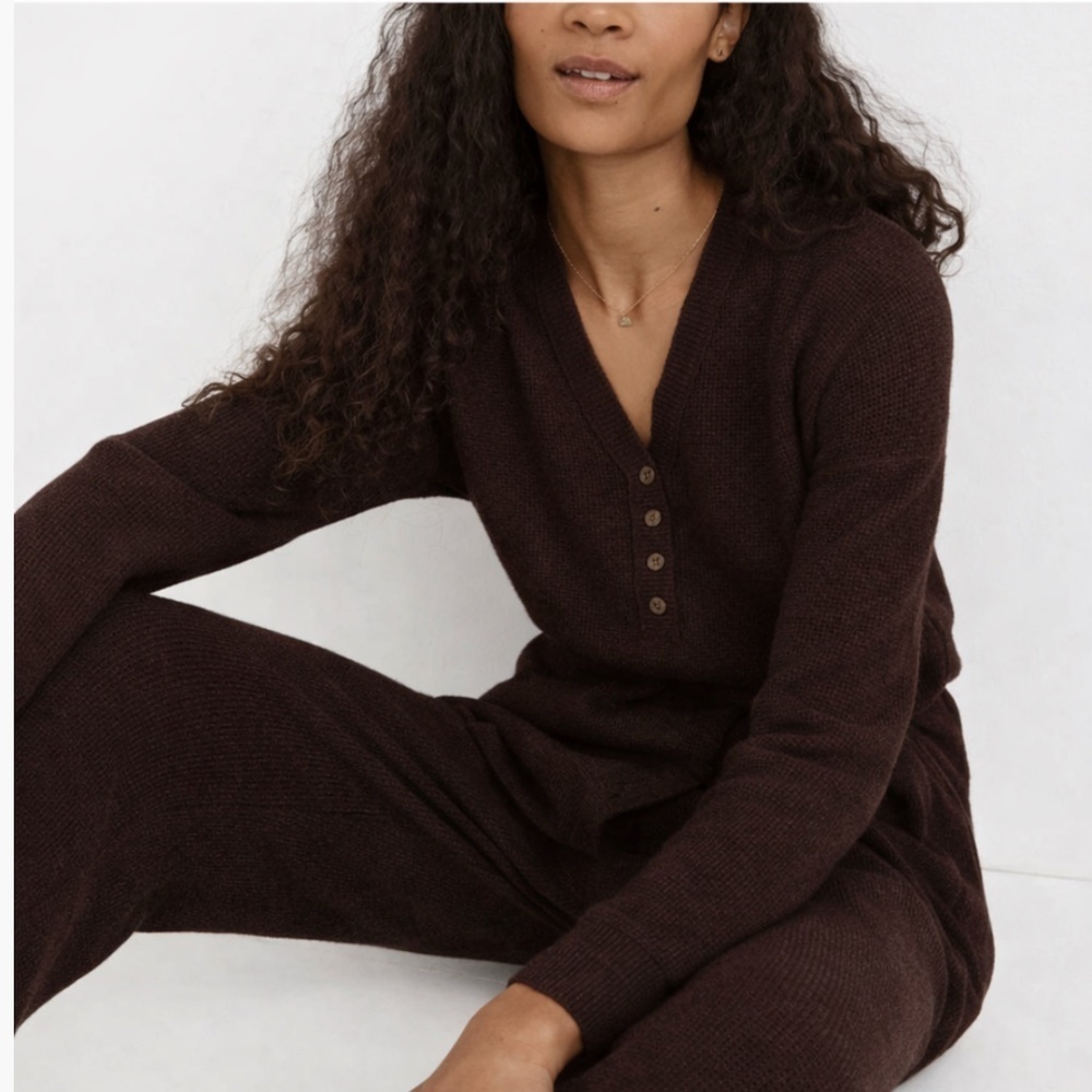 Madewell Asherton Cozy Waffle Knit Oversized Henley Sweater Heather Bark Size M
